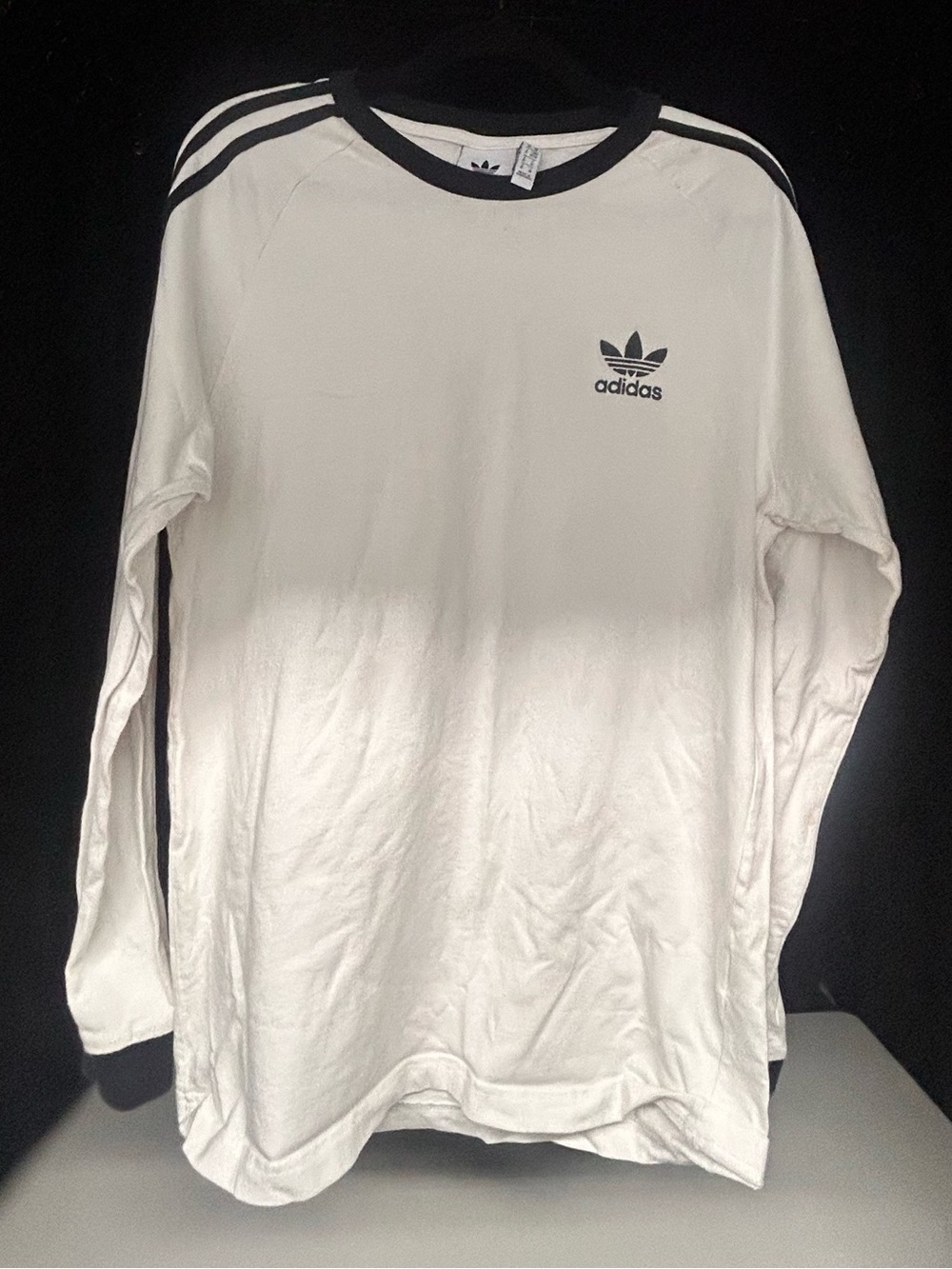 adidas White Long-Sleeve Crew with Black 3-Stripes